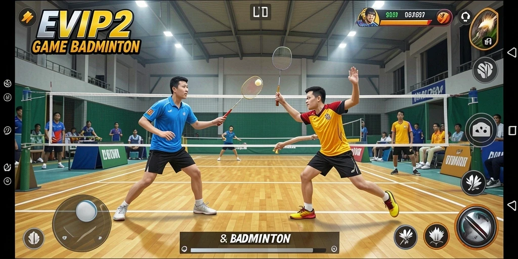 Tampilan antarmuka game Badminton EVIP2 yang menarik dan interaktif.