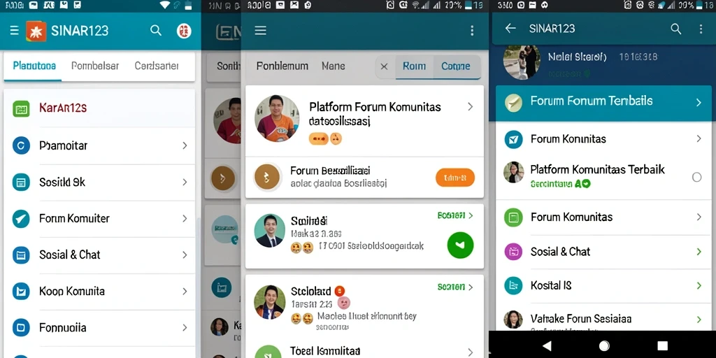 Screenshot antarmuka aplikasi SINAR123 dengan forum komunitas aktif.
